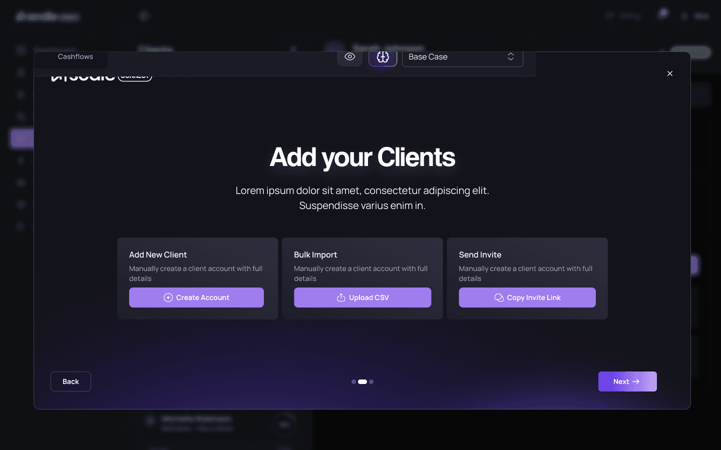 Add Client — manual account creation with full details and loan profile